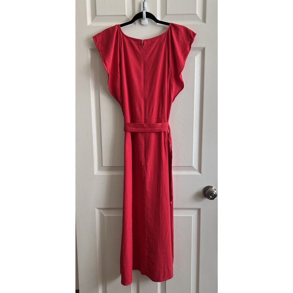ANN TAYLOR LOFT 2024 Cherry Red Linen Blend Belted Flutter Sleeve Midi Dress 10 - Picture 6 of 14